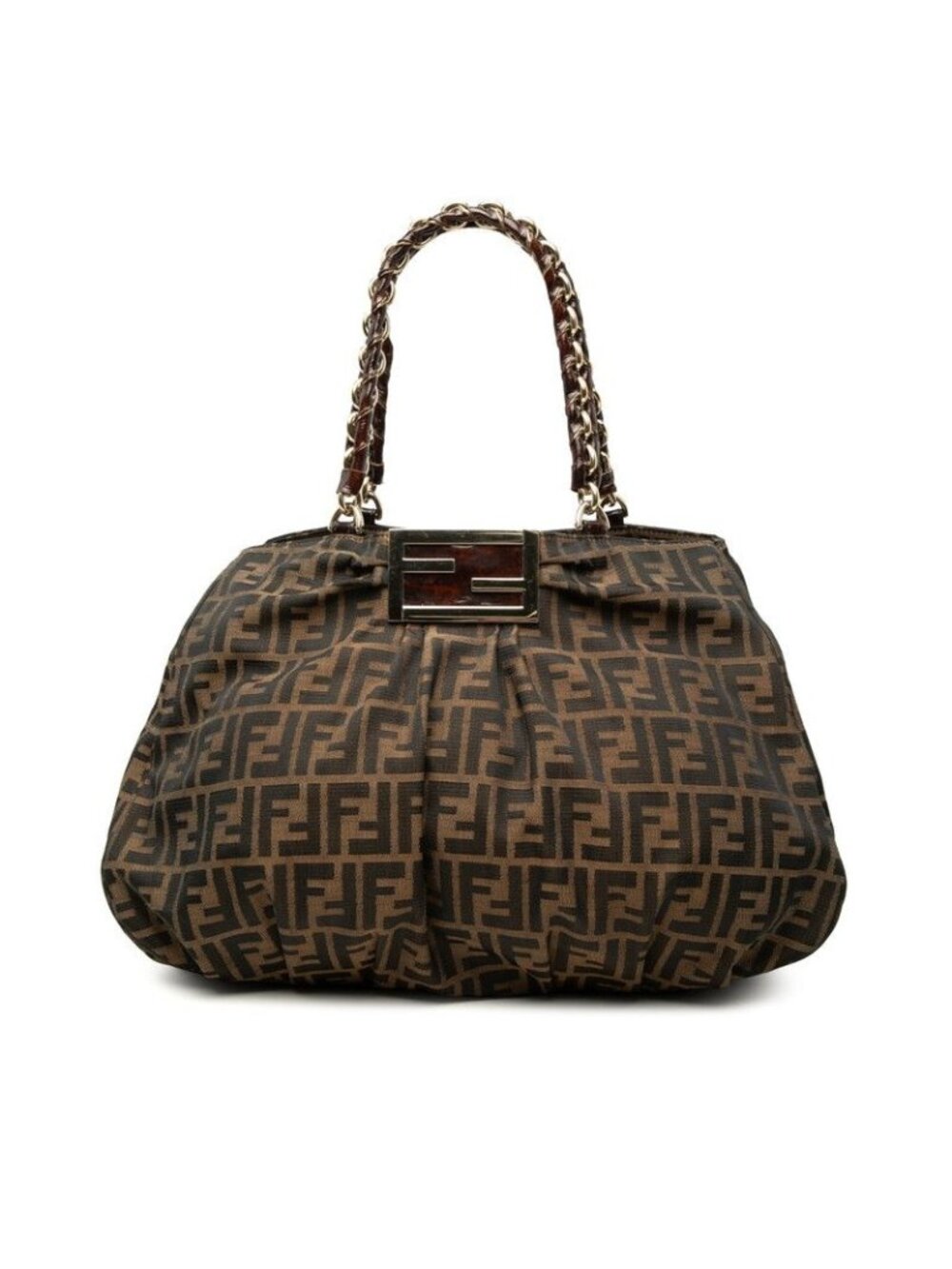 Fendi Zucca Chain Tote Shoulder Bag Brown Canvas Leather